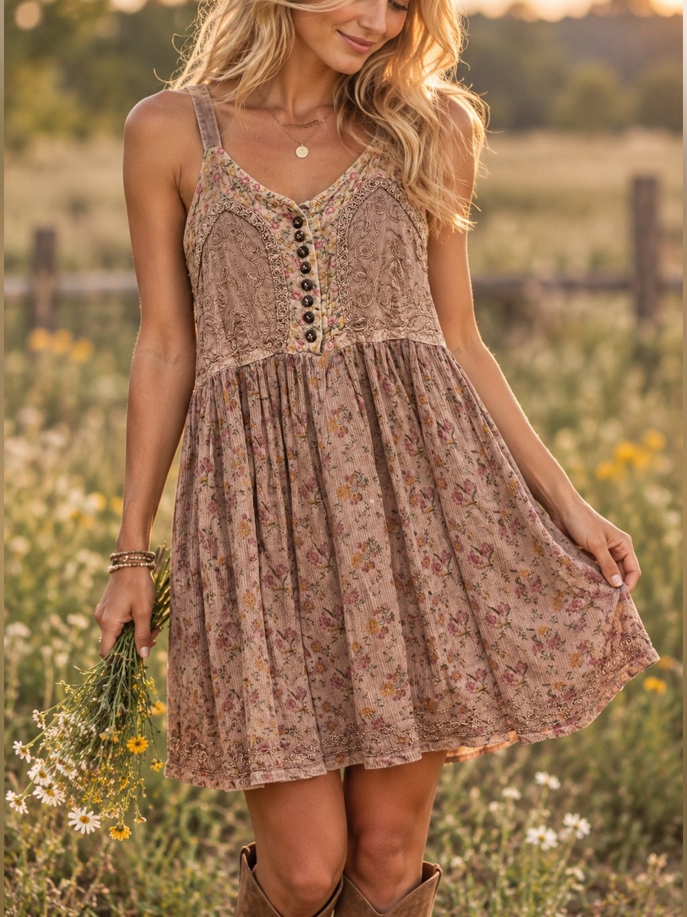 Boho Prairie Ditsy Floral Embroidered Mini Dress Cottagecore Festival Sz S